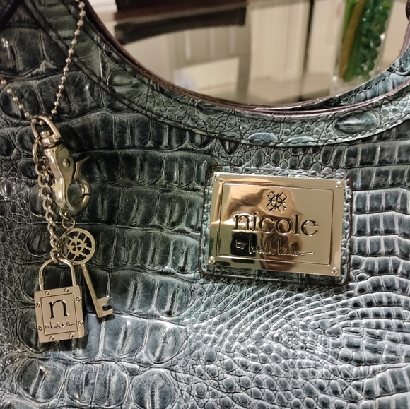 Nicole Miller Blue Crocodile Embossed Handbag - Picture 4 of 7